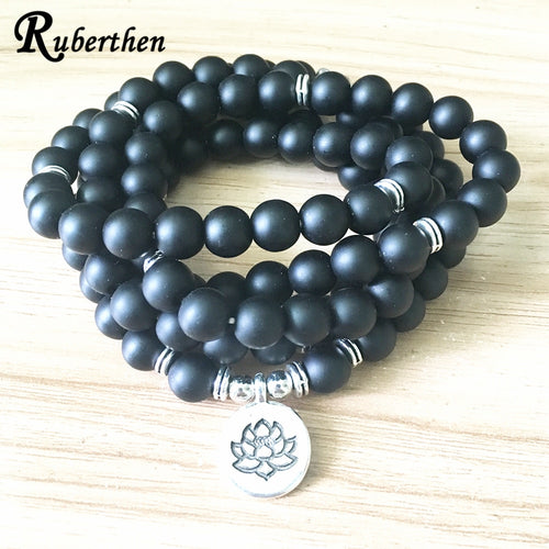 Ruberthen Fashion Women`s Matte Black Onyx Bracelet 108 Mala Beads Bracelet or Necklace New Design Natural Stone Yoga Jewelry