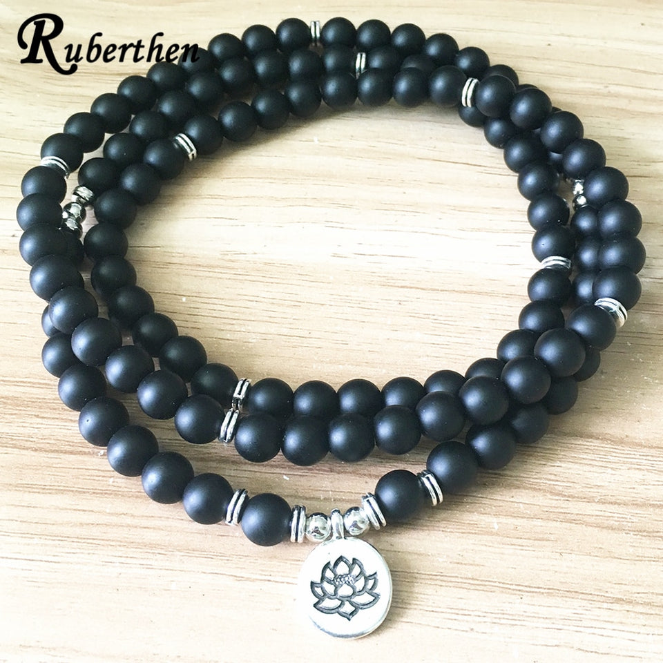 Ruberthen Fashion Women`s Matte Black Onyx Bracelet 108 Mala Beads Bracelet or Necklace New Design Natural Stone Yoga Jewelry