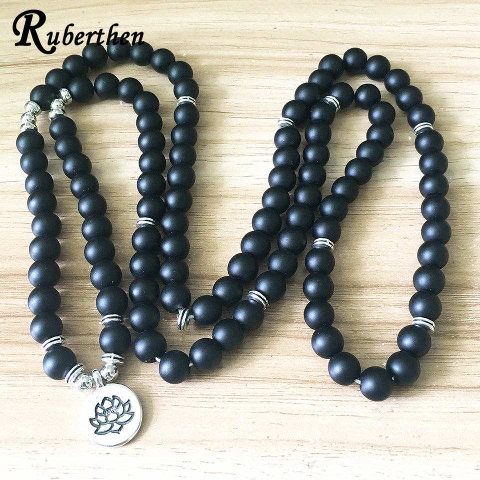 Ruberthen Fashion Women`s Matte Black Onyx Bracelet 108 Mala Beads Bracelet or Necklace New Design Natural Stone Yoga Jewelry