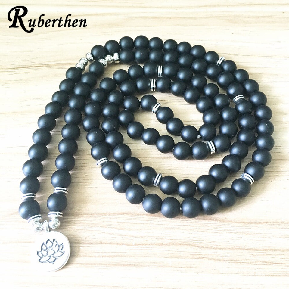 Ruberthen Fashion Women`s Matte Black Onyx Bracelet 108 Mala Beads Bracelet or Necklace New Design Natural Stone Yoga Jewelry