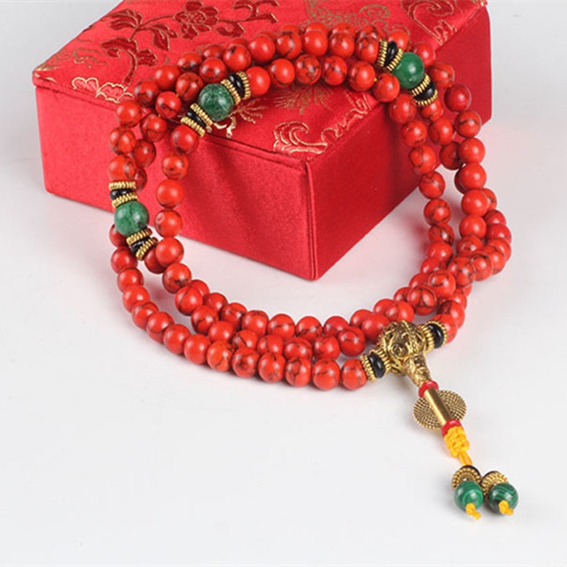 Sennier 108 Red Coral  bracelet natural stone beads mala necklace buddhist prayer rosary strand bracelets buddha Meditation