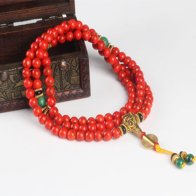 Sennier 108 Red Coral  bracelet natural stone beads mala necklace buddhist prayer rosary strand bracelets buddha Meditation