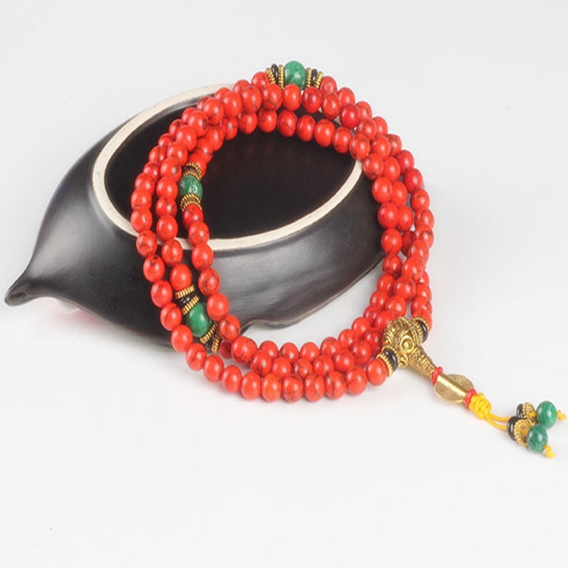 Sennier 108 Red Coral  bracelet natural stone beads mala necklace buddhist prayer rosary strand bracelets buddha Meditation