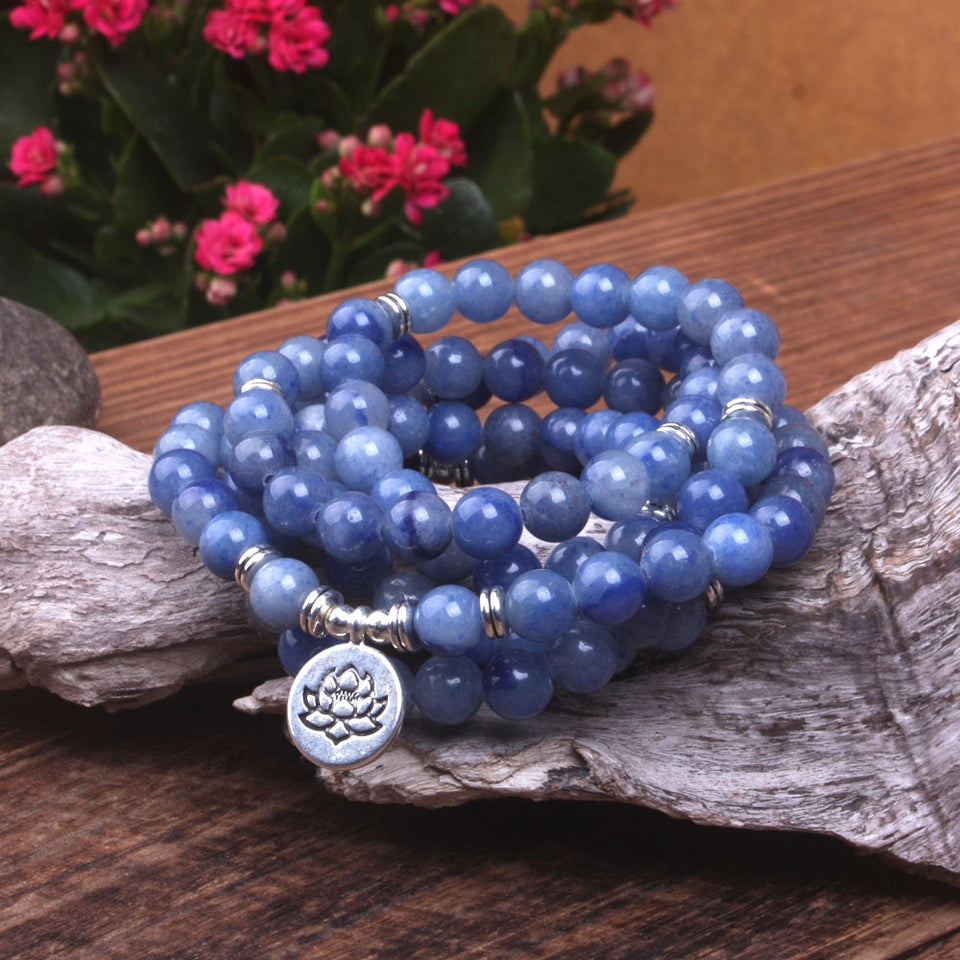 Smooth Blue Aventurine stone beads 108 mala Bracelets Natural Stone With Lotus, Buddha, Om Charms Women Men Meditation jewelry
