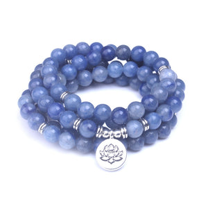 Smooth Blue Aventurine stone beads 108 mala Bracelets Natural Stone With Lotus, Buddha, Om Charms Women Men Meditation jewelry