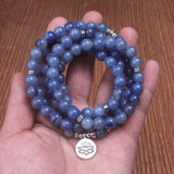 Smooth Blue Aventurine stone beads 108 mala Bracelets Natural Stone With Lotus, Buddha, Om Charms Women Men Meditation jewelry