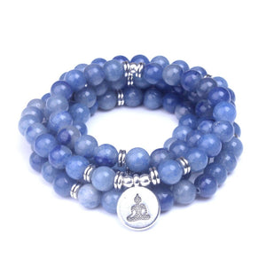 Smooth Blue Aventurine stone beads 108 mala Bracelets Natural Stone With Lotus, Buddha, Om Charms Women Men Meditation jewelry