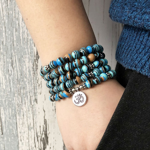 Solar System Stripe Stone Wrap Around Yoga Bracelet Men 108 Beads Mala Malachite OM Bracelet