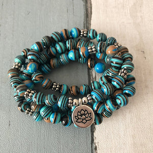 Solar System Stripe Stone Wrap Around Yoga Bracelet Men 108 Beads Mala Malachite OM Bracelet