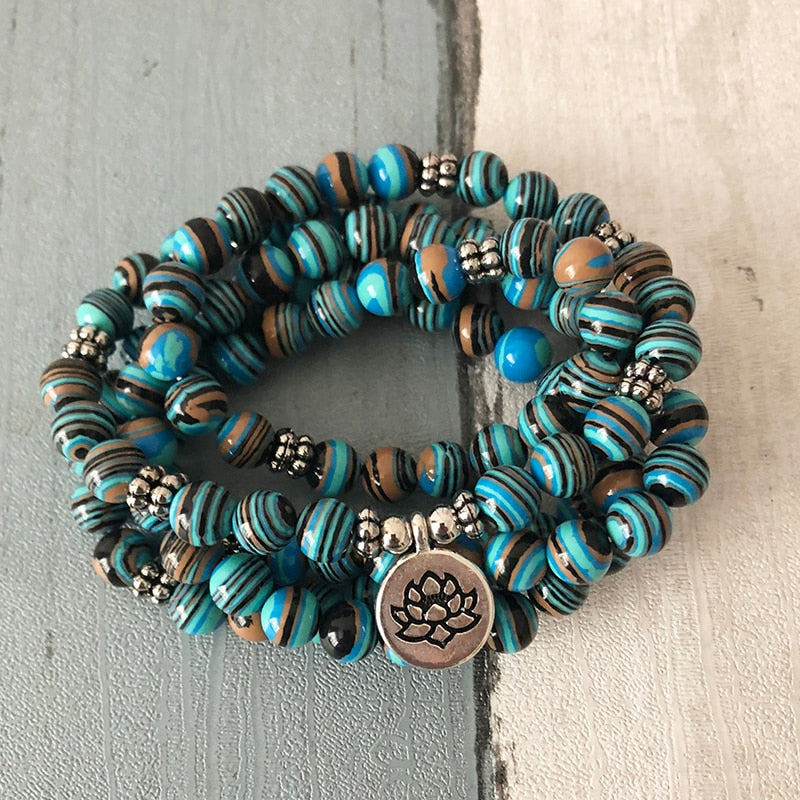 Solar System Stripe Stone Wrap Around Yoga Bracelet Men 108 Beads Mala Malachite OM Bracelet