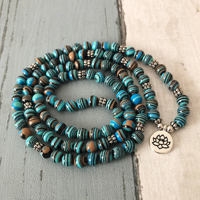 Solar System Stripe Stone Wrap Around Yoga Bracelet Men 108 Beads Mala Malachite OM Bracelet