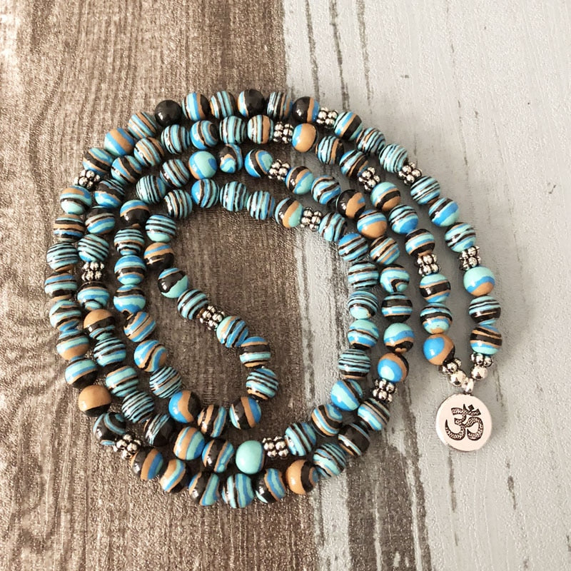 Solar System Stripe Stone Wrap Around Yoga Bracelet Men 108 Beads Mala Malachite OM Bracelet