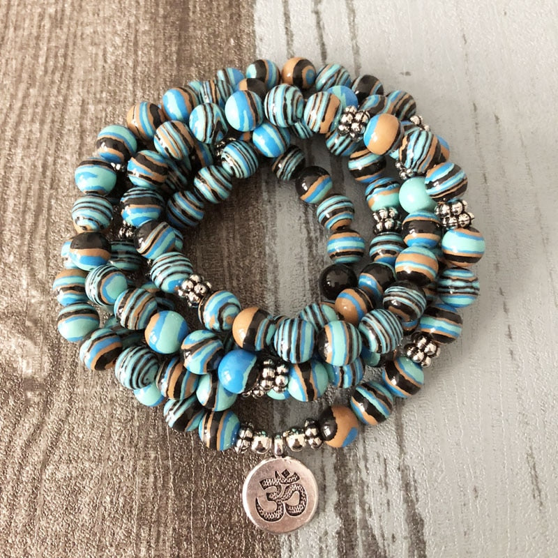 Solar System Stripe Stone Wrap Around Yoga Bracelet Men 108 Beads Mala Malachite OM Bracelet