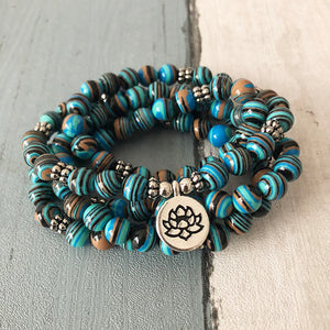 Solar System Stripe Stone Wrap Around Yoga Bracelet Men 108 Beads Mala Malachite OM Bracelet