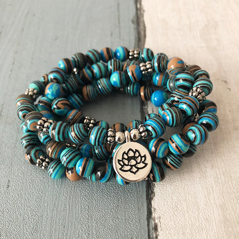 Solar System Stripe Stone Wrap Around Yoga Bracelet Men 108 Beads Mala Malachite OM Bracelet