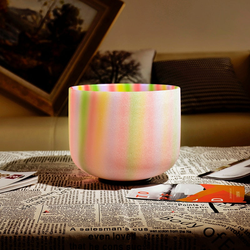 TOPFUND F note Heart Chakra Rainbow Colored Frosted Quartz Crystal Singing Bowl 8''