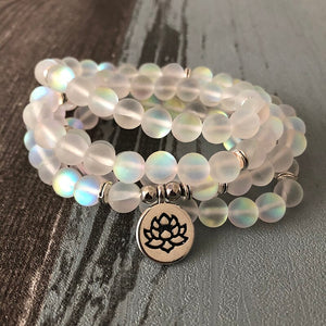 Woman Sparkling Stone Jewelry Multi-layer wraps Matte white color Labradorite Lotus Bracelet 108 Prayer Beads Mala Yoga Bracelet