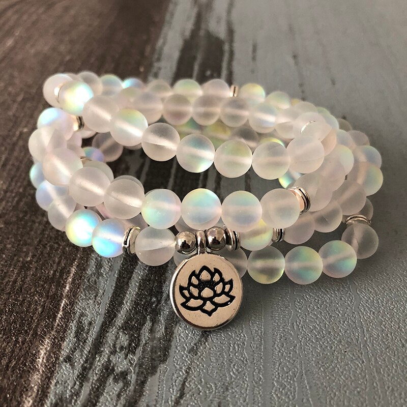 Woman Sparkling Stone Jewelry Multi-layer wraps Matte white color Labradorite Lotus Bracelet 108 Prayer Beads Mala Yoga Bracelet
