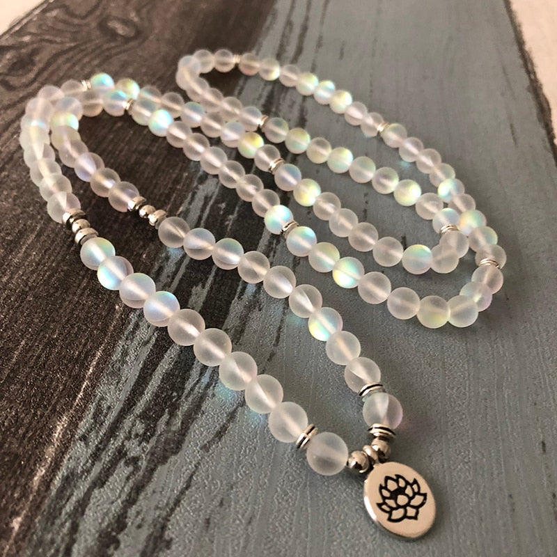 Woman Sparkling Stone Jewelry Multi-layer wraps Matte white color Labradorite Lotus Bracelet 108 Prayer Beads Mala Yoga Bracelet