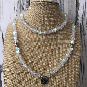 Woman Sparkling Stone Jewelry Multi-layer wraps Matte white color Labradorite Lotus Bracelet 108 Prayer Beads Mala Yoga Bracelet