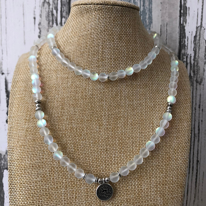 Woman Sparkling Stone Jewelry Multi-layer wraps Matte white color Labradorite Lotus Bracelet 108 Prayer Beads Mala Yoga Bracelet