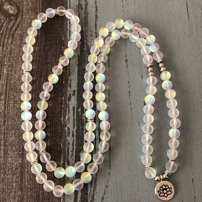 Woman Sparkling Stone Jewelry Multi-layer wraps Matte white color Labradorite Lotus Bracelet 108 Prayer Beads Mala Yoga Bracelet