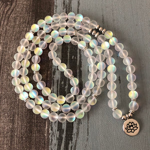 Woman Sparkling Stone Jewelry Multi-layer wraps Matte white color Labradorite Lotus Bracelet 108 Prayer Beads Mala Yoga Bracelet