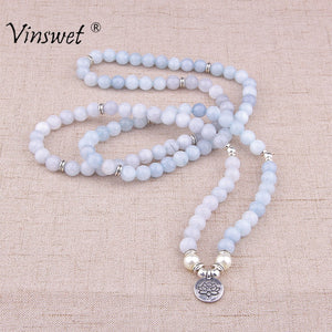 Women Bracelet Natural Stone Bracelet Beads Aquamarin with Lotus Charm Yoga Bracelet 108 Mala Necklace for Men Women