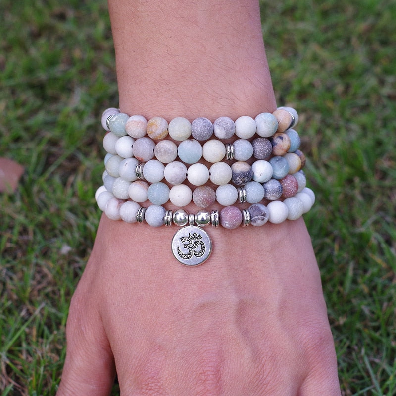 Women Men Jewelry 8mm Matte Amazonite Stone Beads OM Charm Strand Bracelet 108 Mala Beads Yoga Chakra Bracelet or Necklace