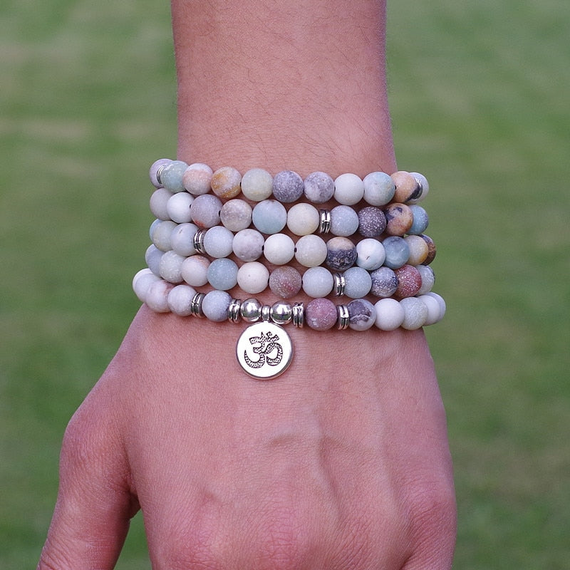 Women Men Jewelry 8mm Matte Amazonite Stone Beads OM Charm Strand Bracelet 108 Mala Beads Yoga Chakra Bracelet or Necklace