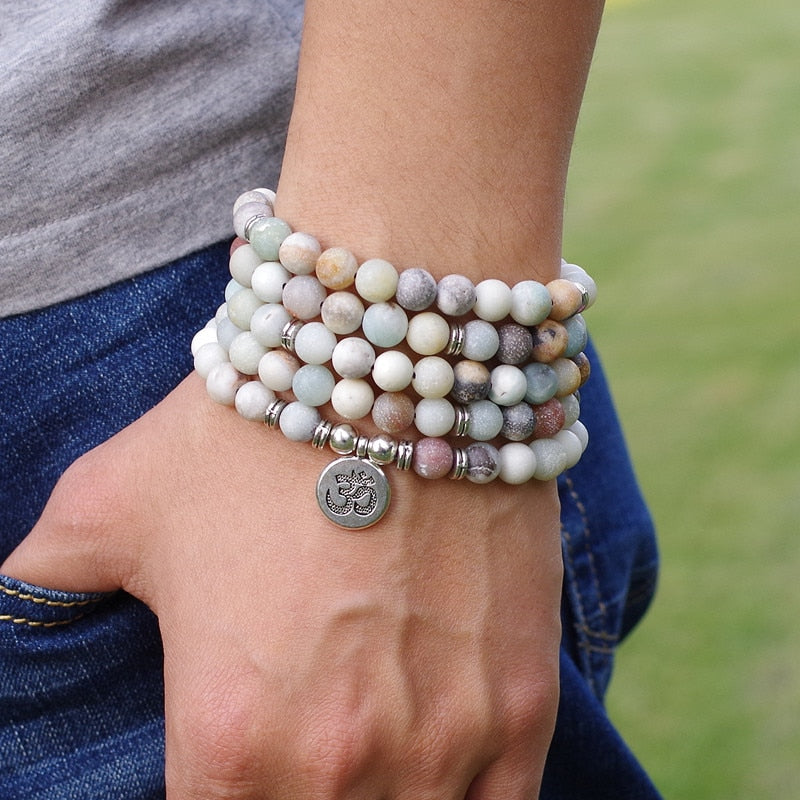 Women Men Jewelry 8mm Matte Amazonite Stone Beads OM Charm Strand Bracelet 108 Mala Beads Yoga Chakra Bracelet or Necklace