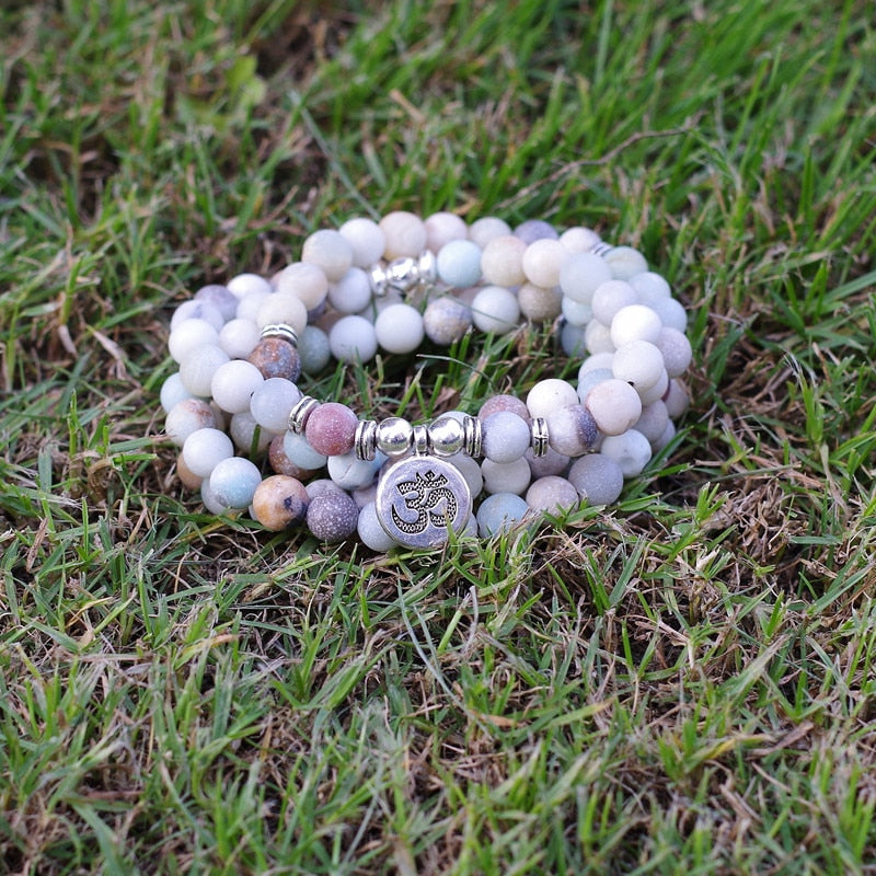 Women Men Jewelry 8mm Matte Amazonite Stone Beads OM Charm Strand Bracelet 108 Mala Beads Yoga Chakra Bracelet or Necklace