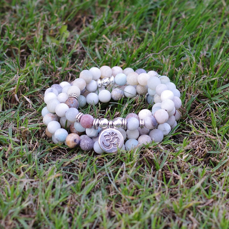 Women Men Jewelry 8mm Matte Amazonite Stone Beads OM Charm Strand Bracelet 108 Mala Beads Yoga Chakra Bracelet or Necklace
