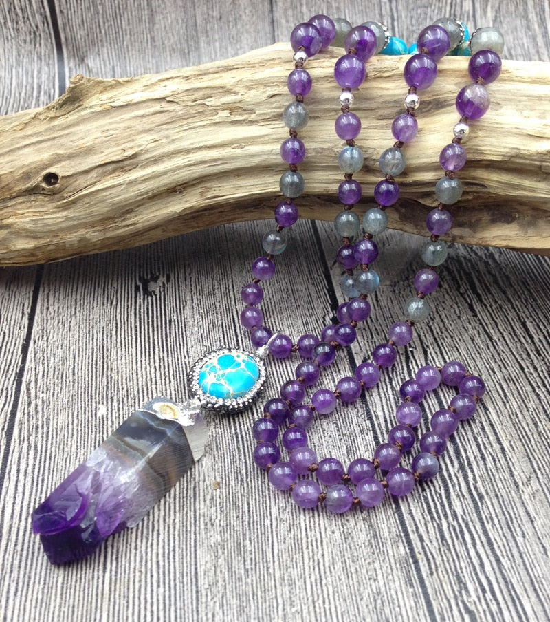 YA2742 108 Mala Beads Necklace Amethys Druzy Sediment Stone Pendant Amethys Beads Knot Handmade Necklace