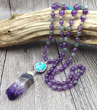 YA2742 108 Mala Beads Necklace Amethys Druzy Sediment Stone Pendant Amethys Beads Knot Handmade Necklace