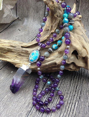 YA2742 108 Mala Beads Necklace Amethys Druzy Sediment Stone Pendant Amethys Beads Knot Handmade Necklace