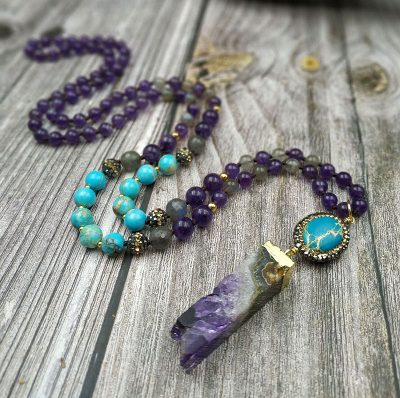 YA2742 108 Mala Beads Necklace Amethys Druzy Sediment Stone Pendant Amethys Beads Knot Handmade Necklace