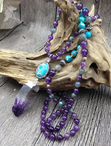 YA2742 108 Mala Beads Necklace Amethys Druzy Sediment Stone Pendant Amethys Beads Knot Handmade Necklace
