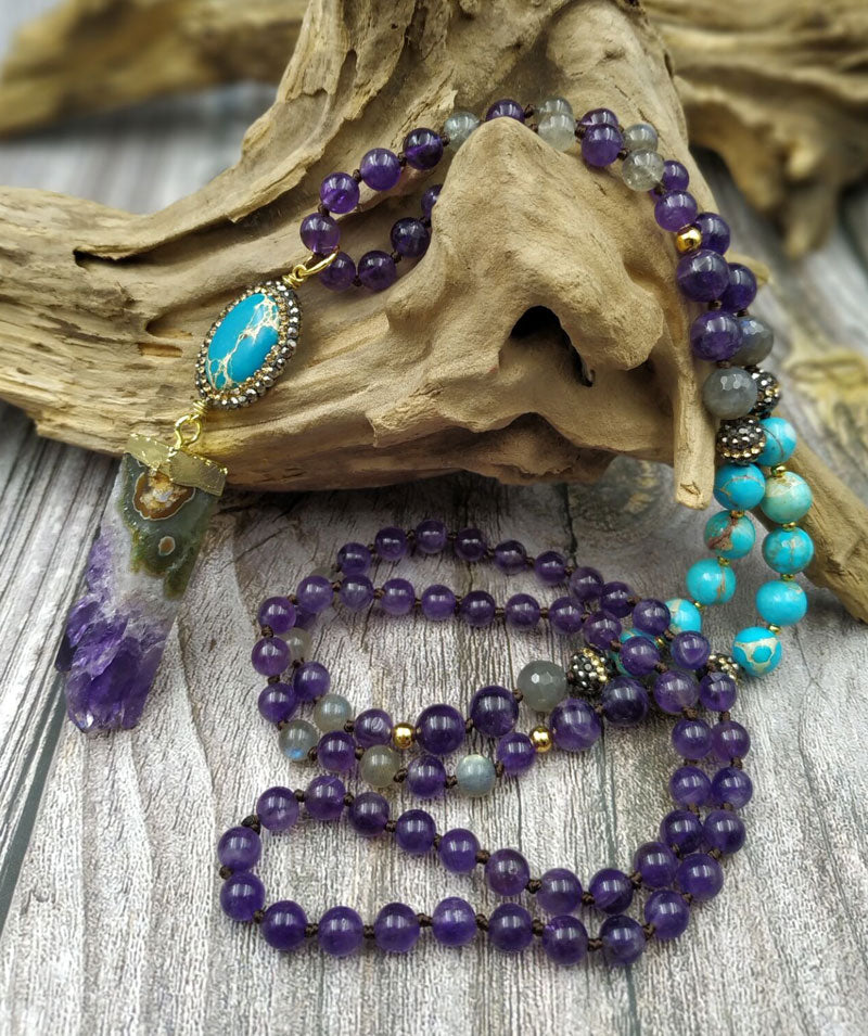 YA2742 108 Mala Beads Necklace Amethys Druzy Sediment Stone Pendant Amethys Beads Knot Handmade Necklace