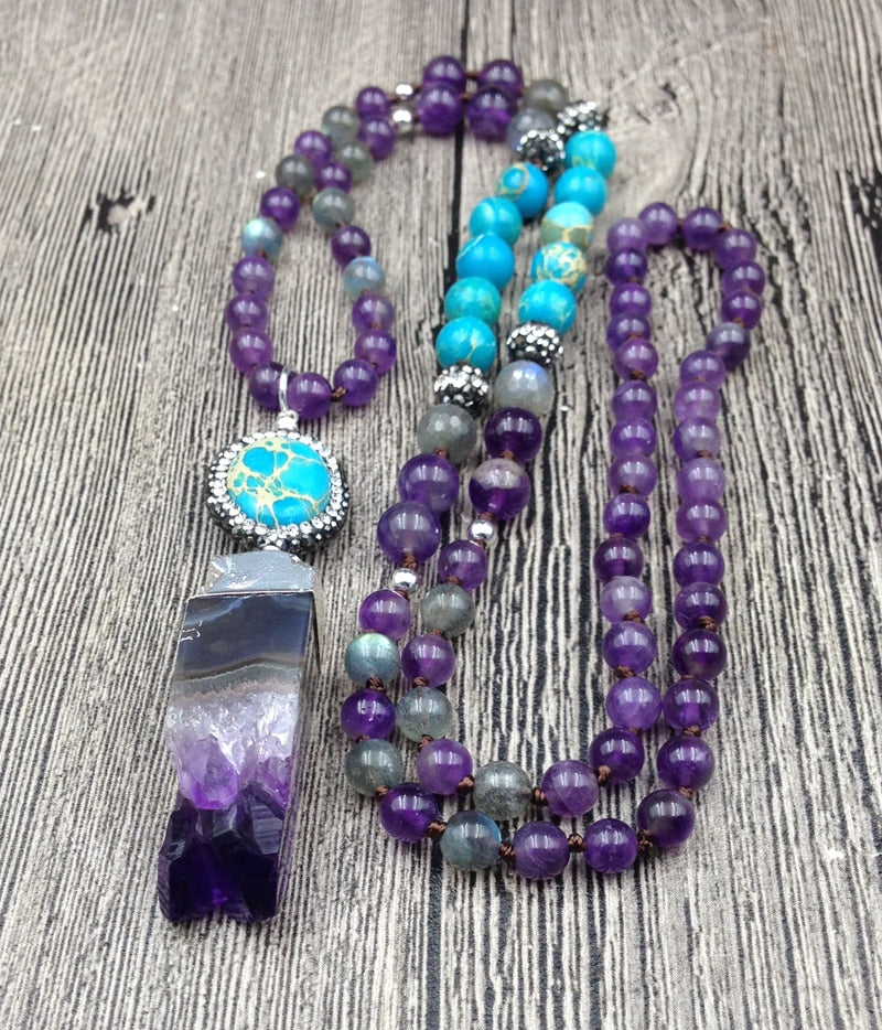 YA2742 108 Mala Beads Necklace Amethys Druzy Sediment Stone Pendant Amethys Beads Knot Handmade Necklace