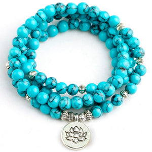 Yoga Blue Howlite Stone Men 6mm 108 Beads Strand Bracelets Lotus Buddha Mala Bracelet For Women Jewelry Gift