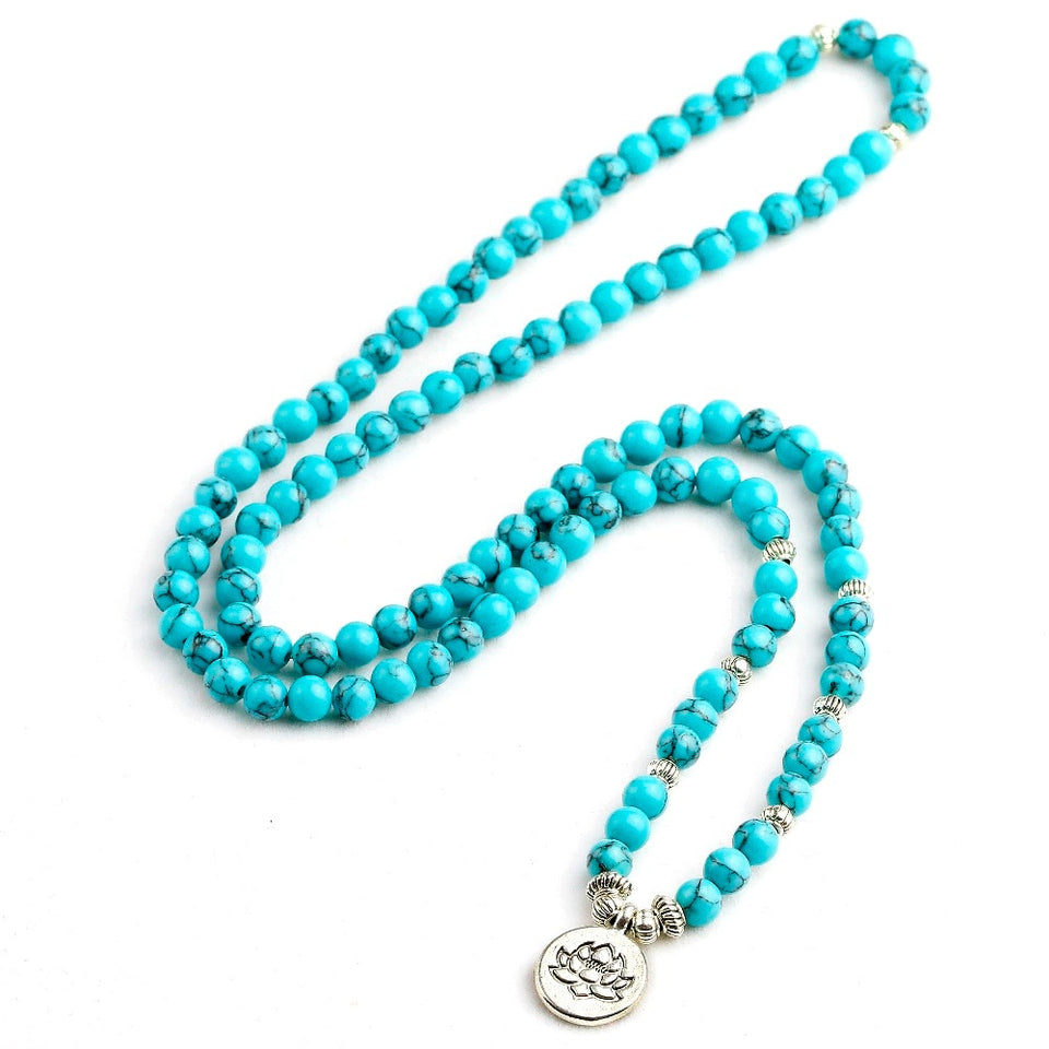 Yoga Blue Howlite Stone Men 6mm 108 Beads Strand Bracelets Lotus Buddha Mala Bracelet For Women Jewelry Gift